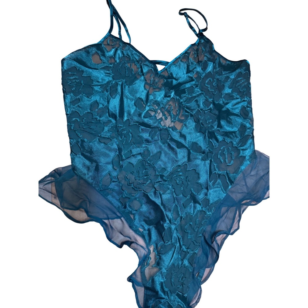 Vintage Victorias Secret Gold Label Teal Floral Burnout Bodysuit Lingerie Medium